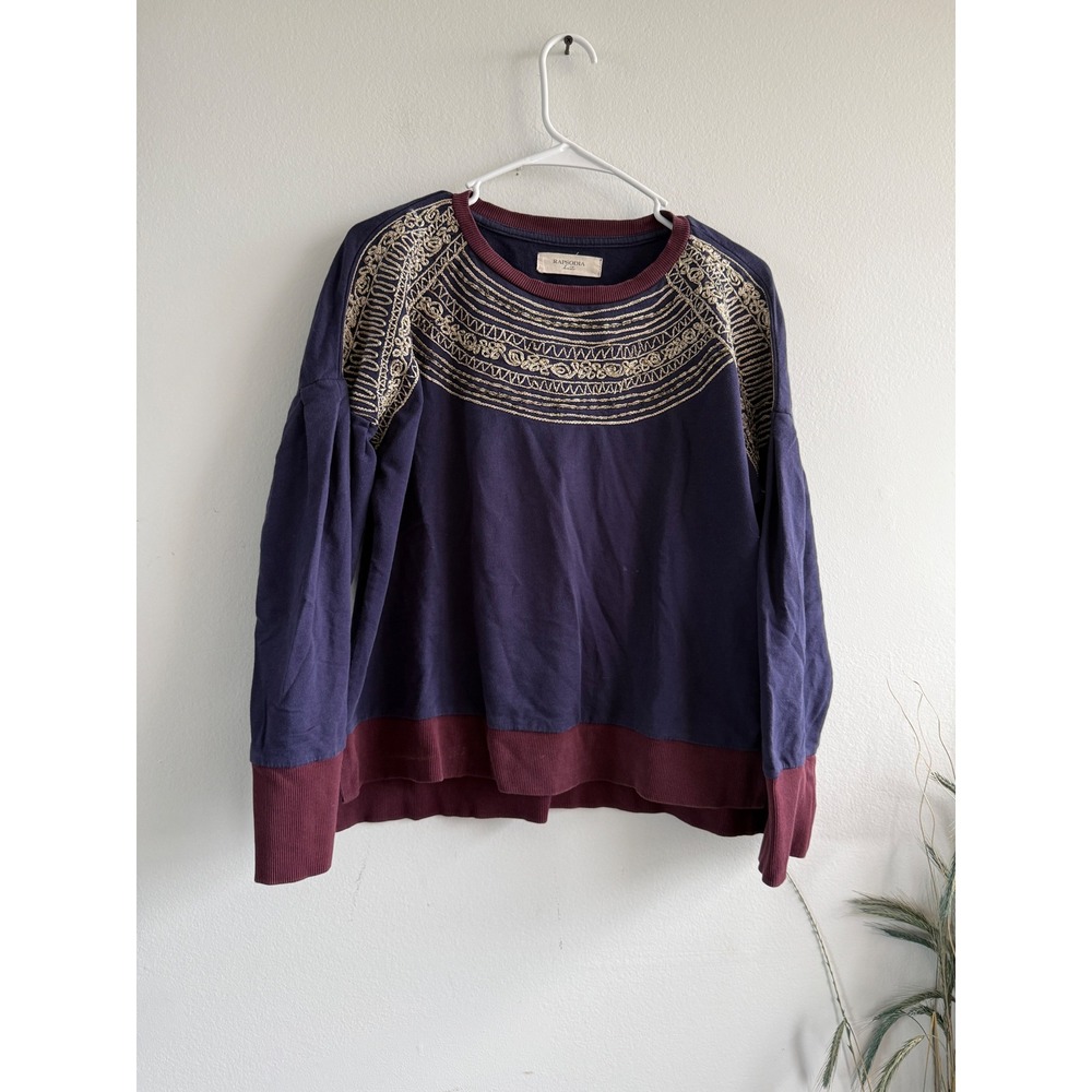 Rapsodia Knits Navy Burgundy Embroidered Cotton Boho Top Womens‎ Small Metallic